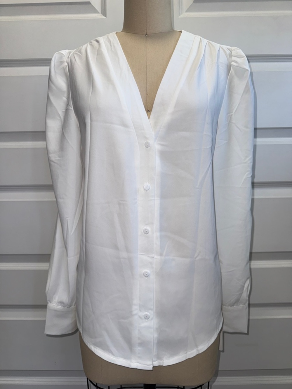 Women's White V-Neck Button-Down Blouse with Subtle Puff Shoulders